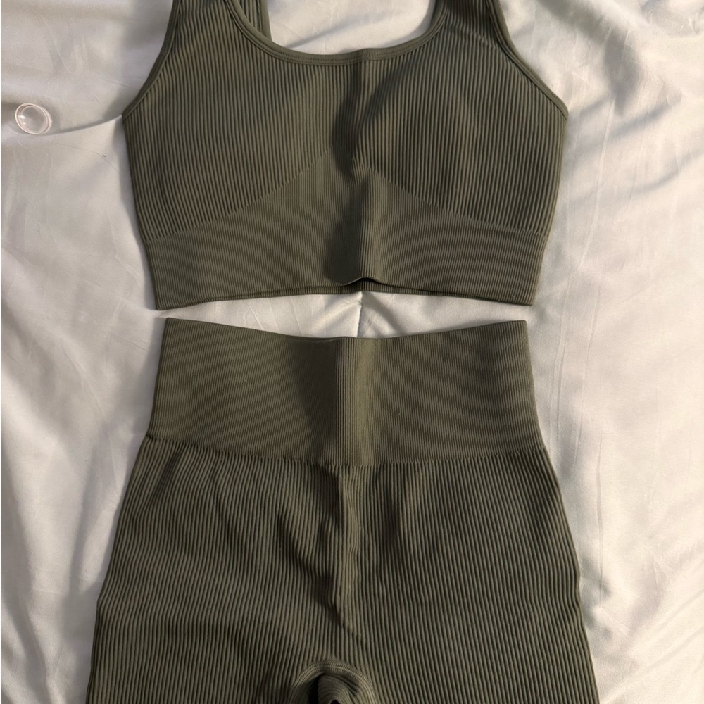 Olive Green Ribbed Sports Bra and Bike Short Set